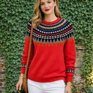 J. CREW Heavyweight Wool Blend Red Preppy Fair Isle Knit Sweater, S